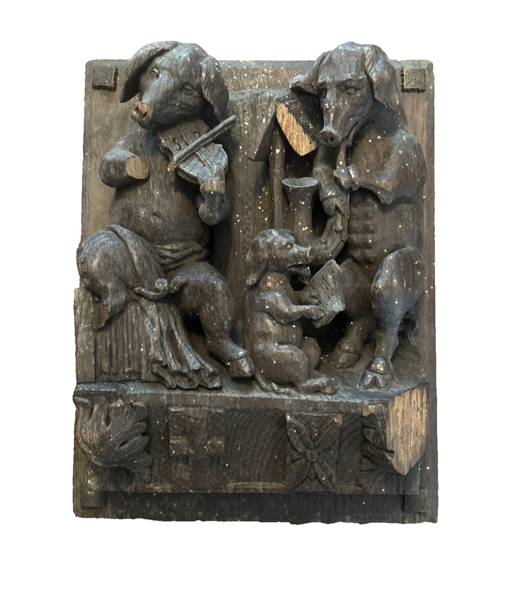 Antique Hand Carved Wood Misericord Plaque Medieval Musical Pigs Wall Relief 7x9